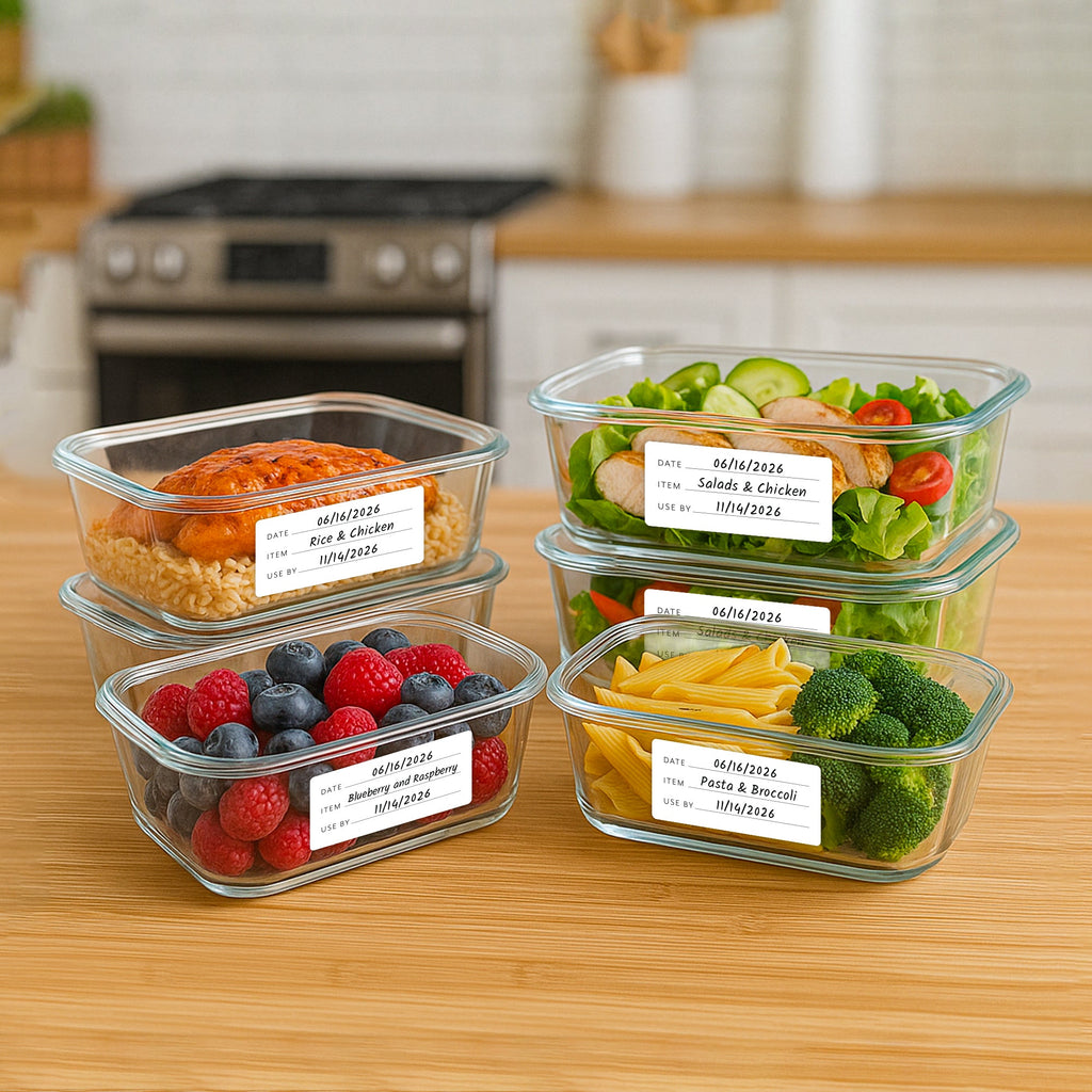 Labeled glass meal prep containers on a kitchen counter