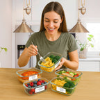 Woman eating from labeled meal prep containers