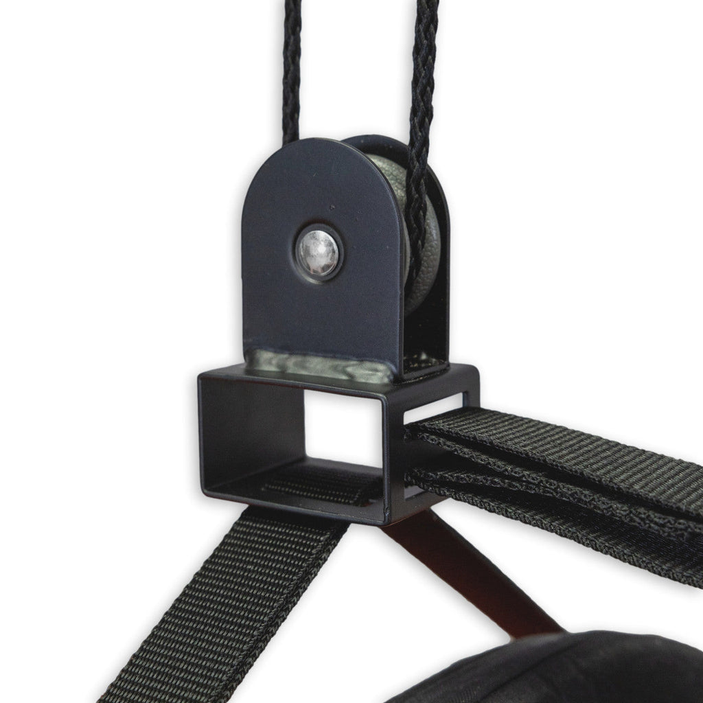 Close-up of the hoist pulley and lifting strap bracket