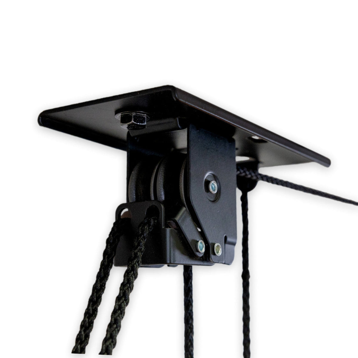 Close-up of the hoist ceiling bracket and pulley