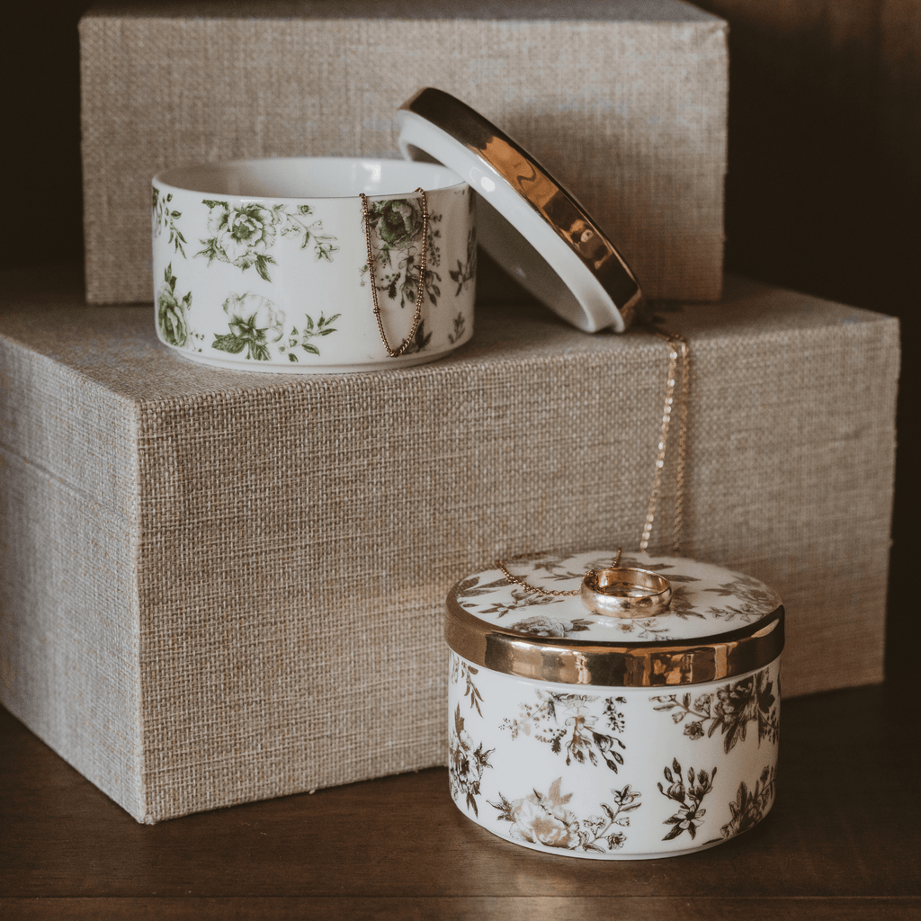 Gold Delft round ceramic trinket box with the lid off