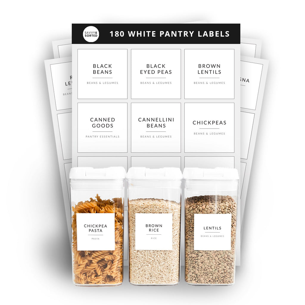 180 white minimalist pantry labels with labeled pasta, rice and lentil containers