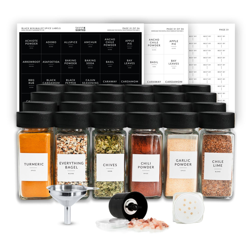 24 square glass spice jars with black lids, labels, funnel, grinder and sifter lid