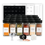 24 square glass spice jars with black lids, labels, funnel, grinder and sifter lid