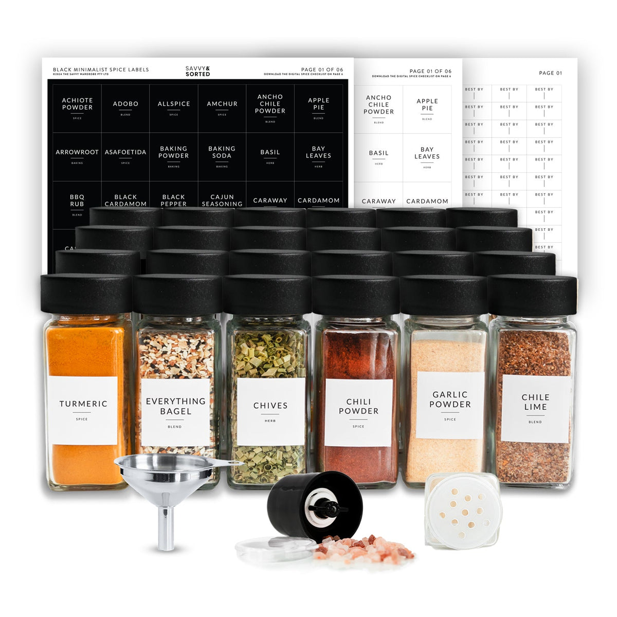 24 square glass spice jars with black lids, labels, funnel, grinder and sifter lid