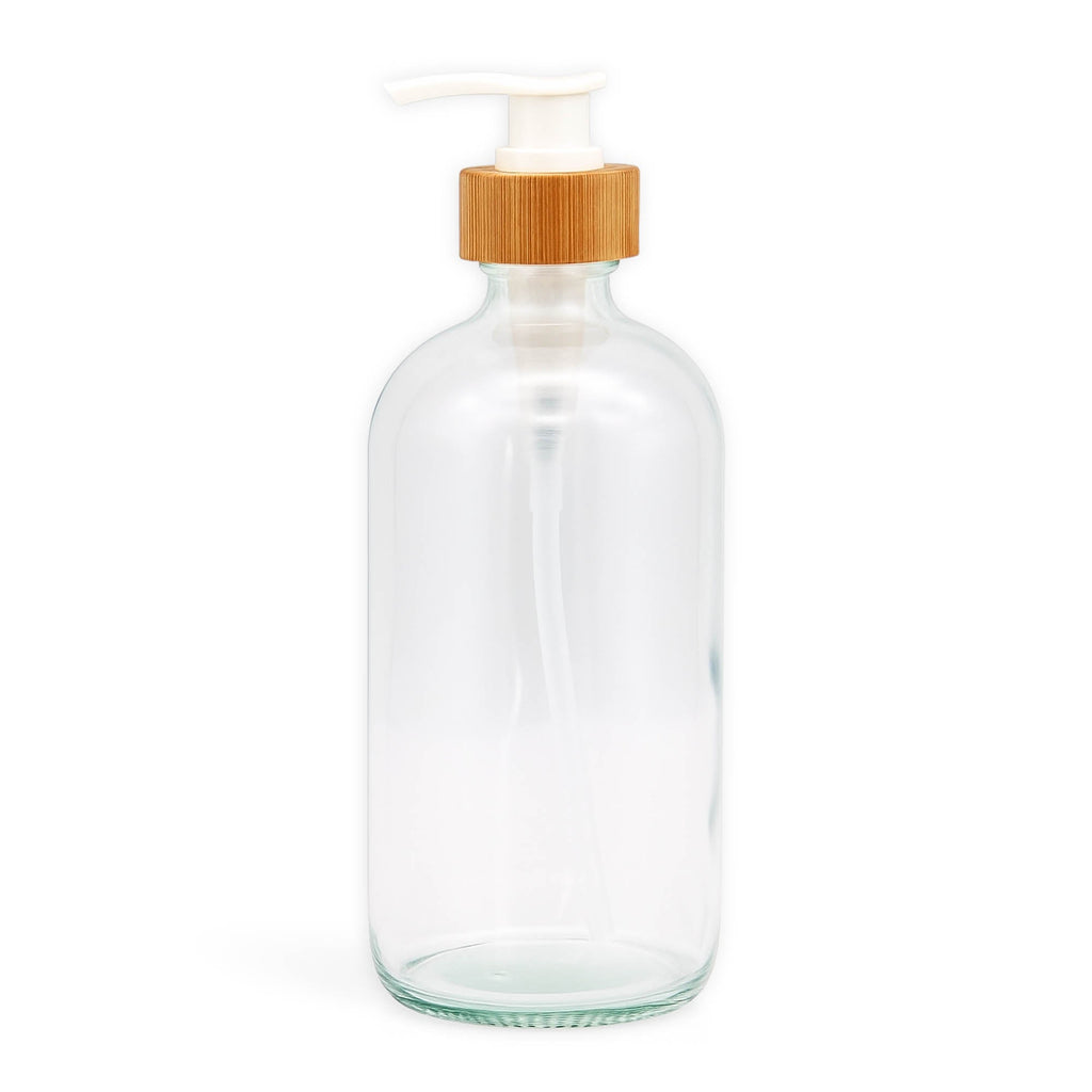 Clear glass 500 ml soap dispenser with white pump and bamboo collar
