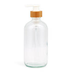Clear glass 500 ml soap dispenser with white pump and bamboo collar