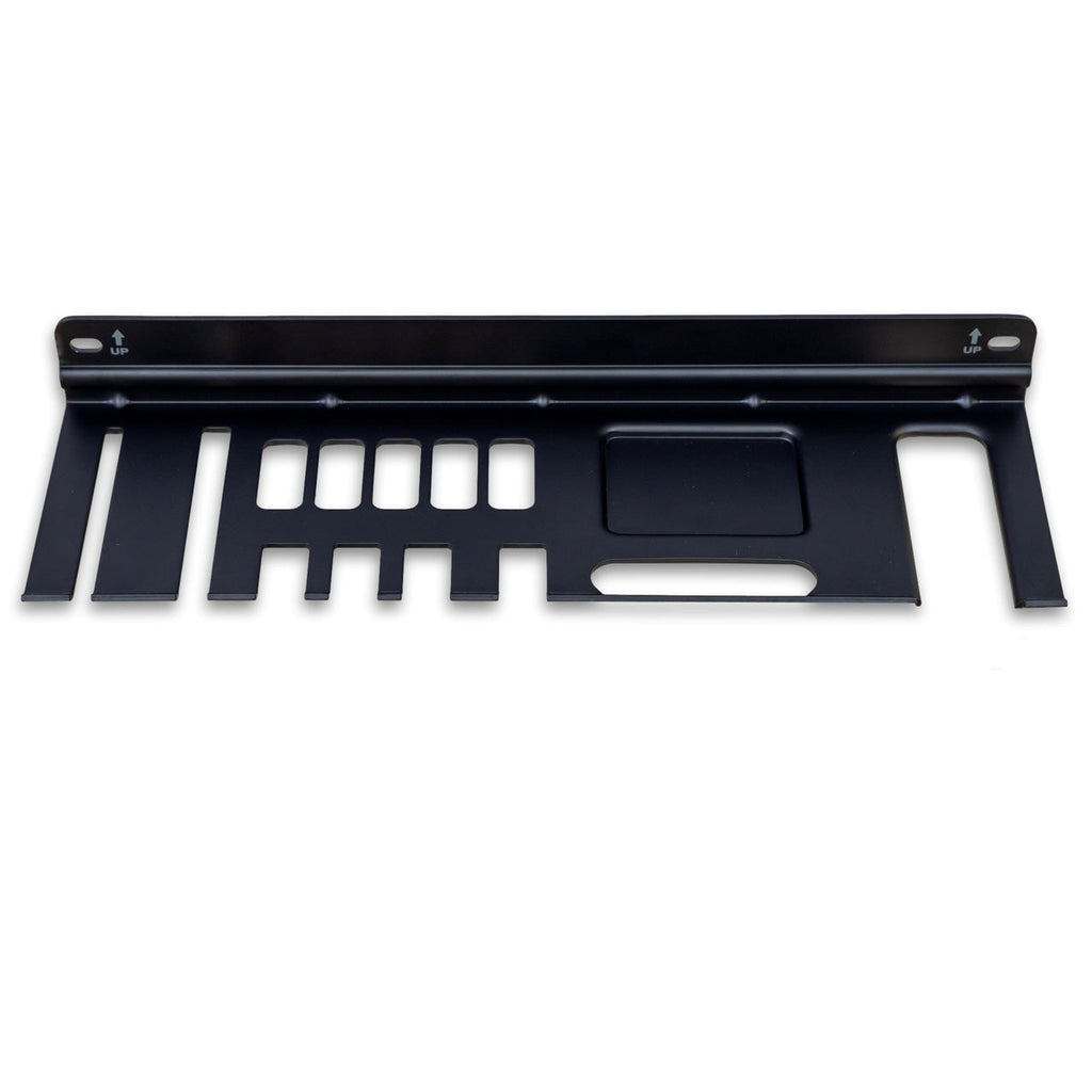 Empty black hand tool organizer with slots and a shelf