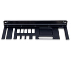 Empty black hand tool organizer with slots and a shelf