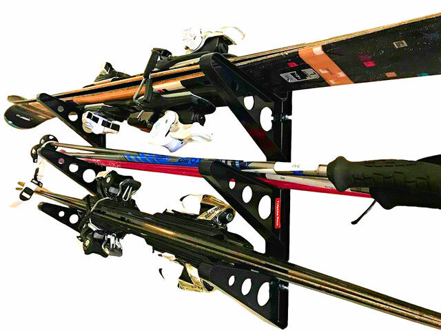 Skis and poles stored on the Trifecta racks