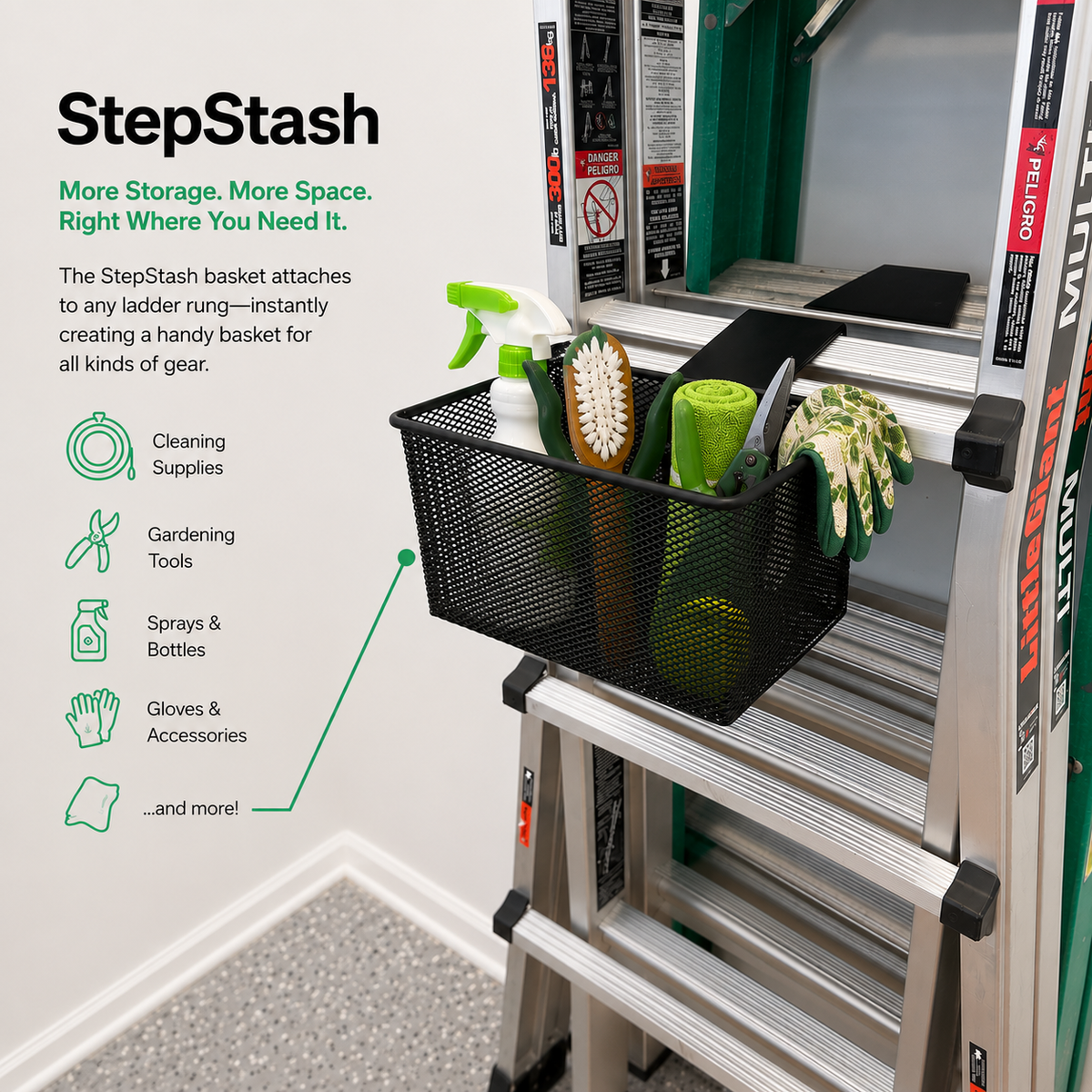 StepStash basket hooked onto a ladder rung holding cleaning supplies
