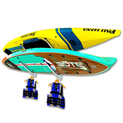 Two paddleboards stored on the 2-level SUP wall rack with life jackets below