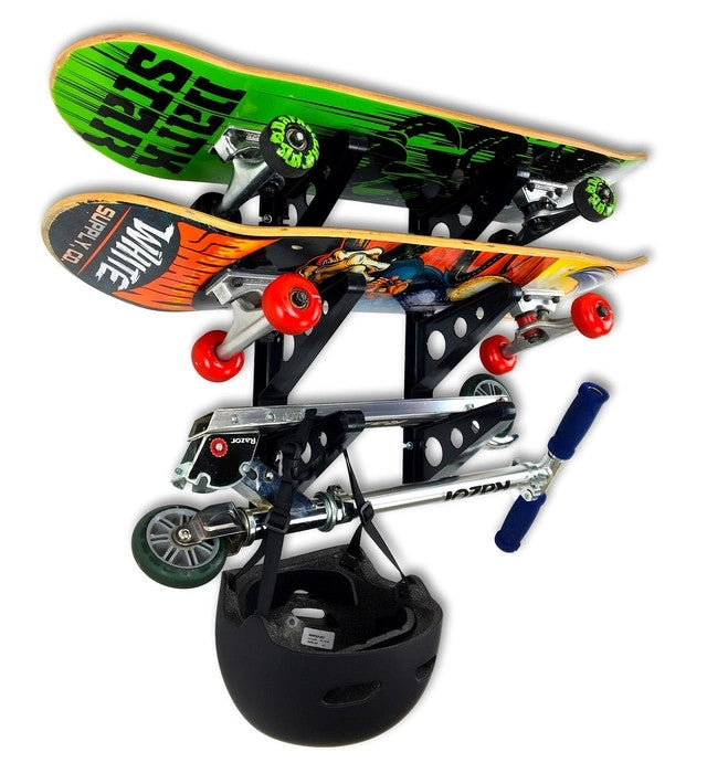 Skateboards, a scooter and a helmet stored on the Trifecta racks