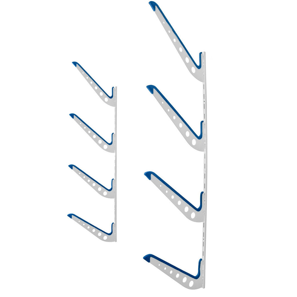 Pair of empty white XSR 4-level wall racks with blue padding