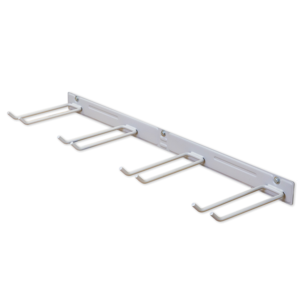 Gray garden tool organizer rail with double hooks