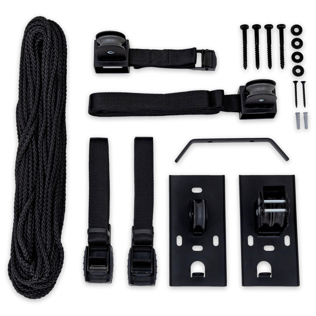 Parts included with the garage hoist: rope, lifting straps, ceiling brackets and hardware