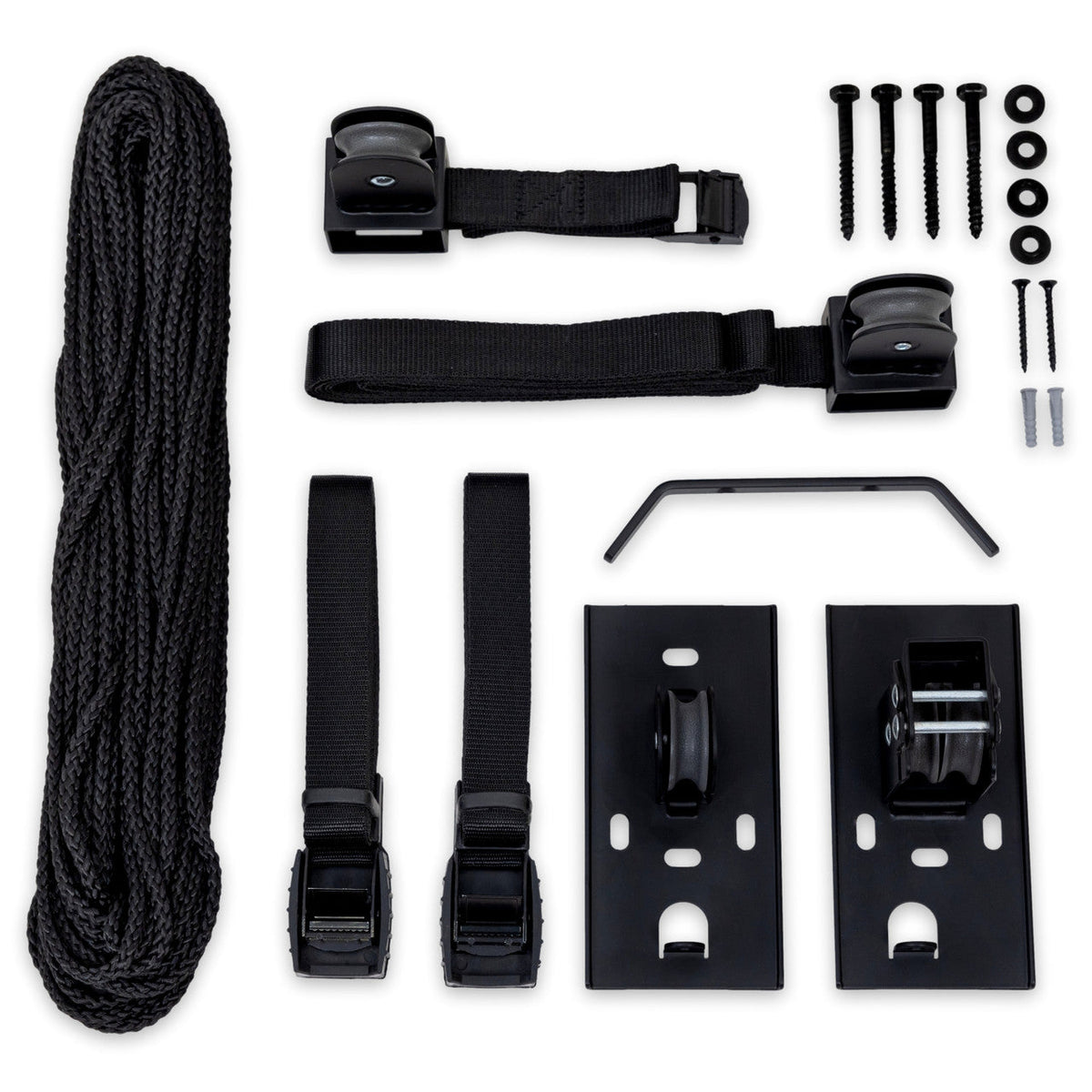 Parts included with the garage hoist: rope, lifting straps, ceiling brackets and hardware