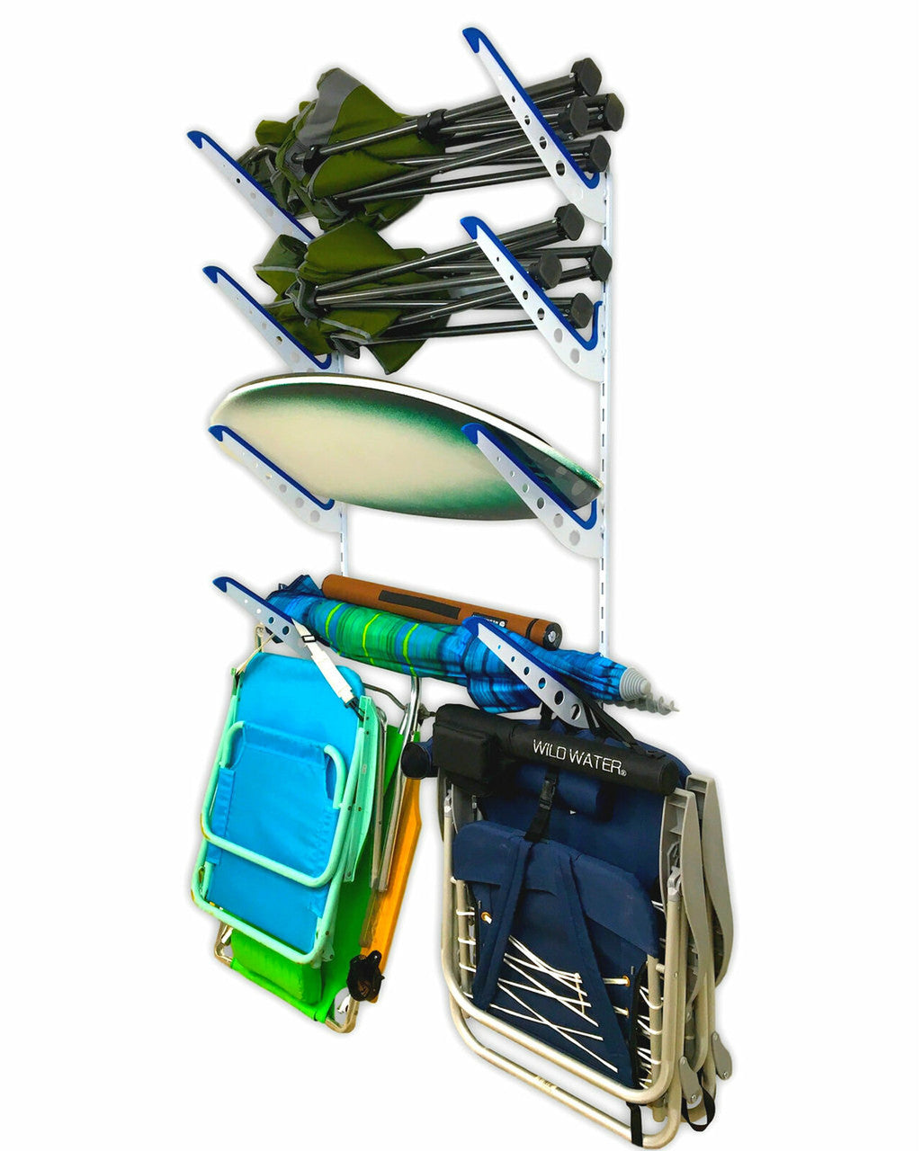 Snowboards, a skimboard and folding chairs stored on the white XSR racks