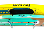 Two paddleboards on the SUP wall rack, front view