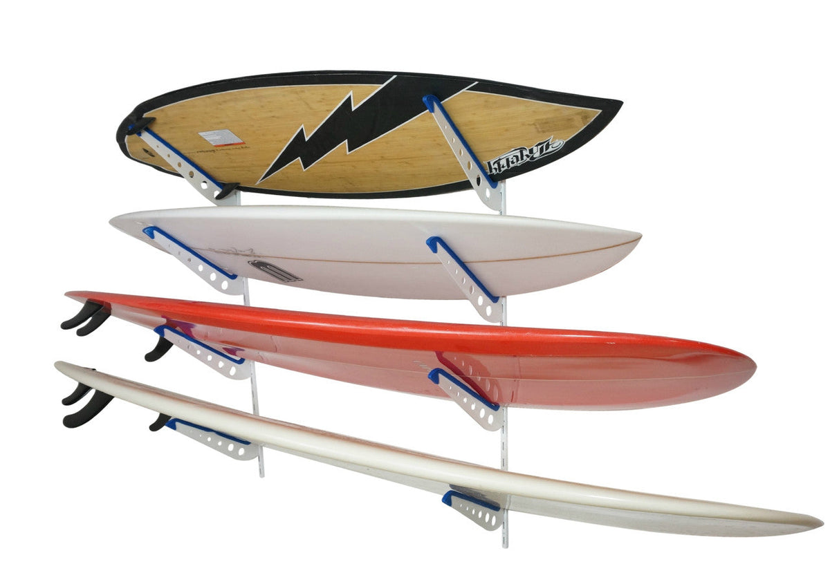 Four surfboards stored on the white XSR wall racks