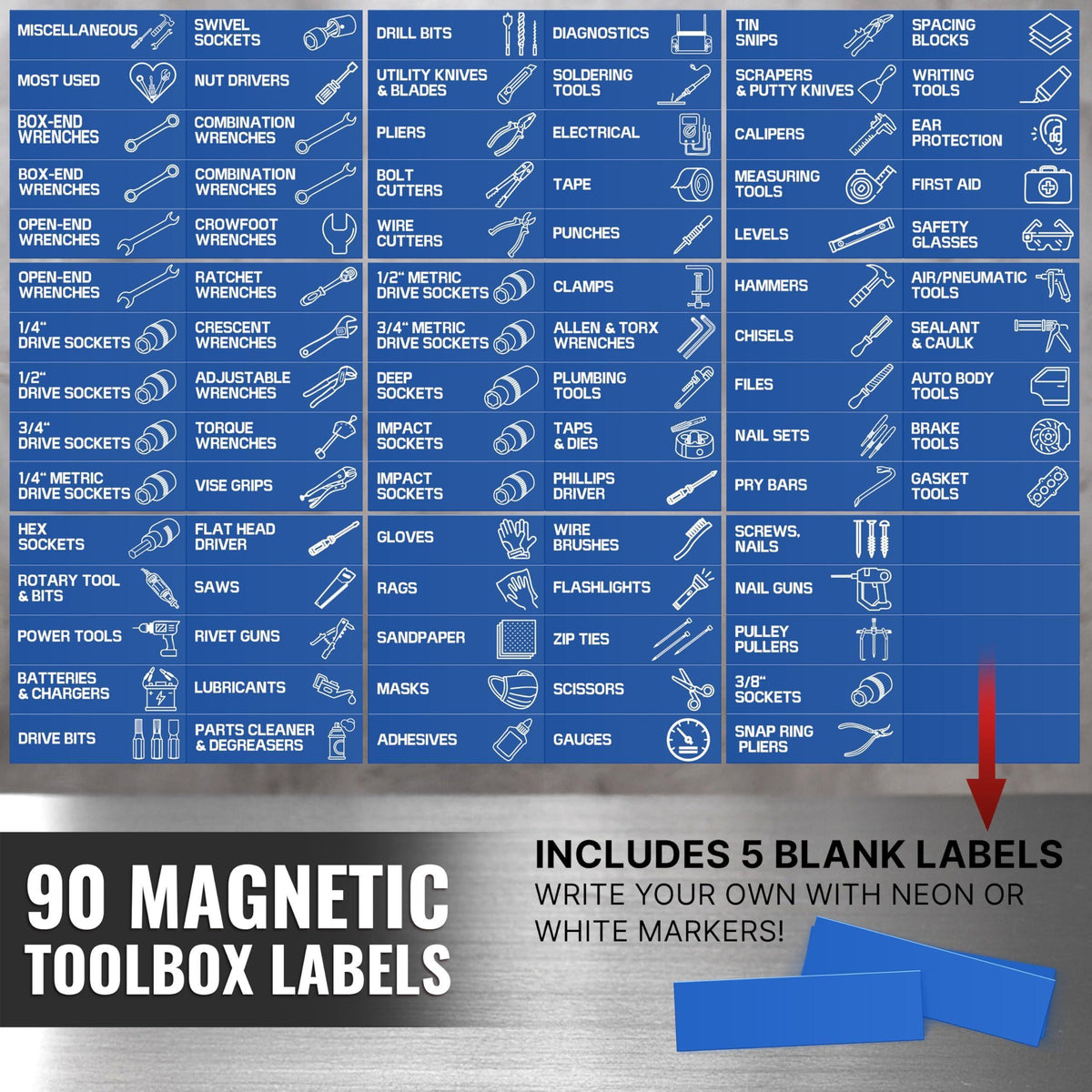 Full set of blue toolbox labels, including five blank labels for custom categories