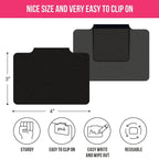 Front and back views of a 4 by 3 inch black reusable clip-on label