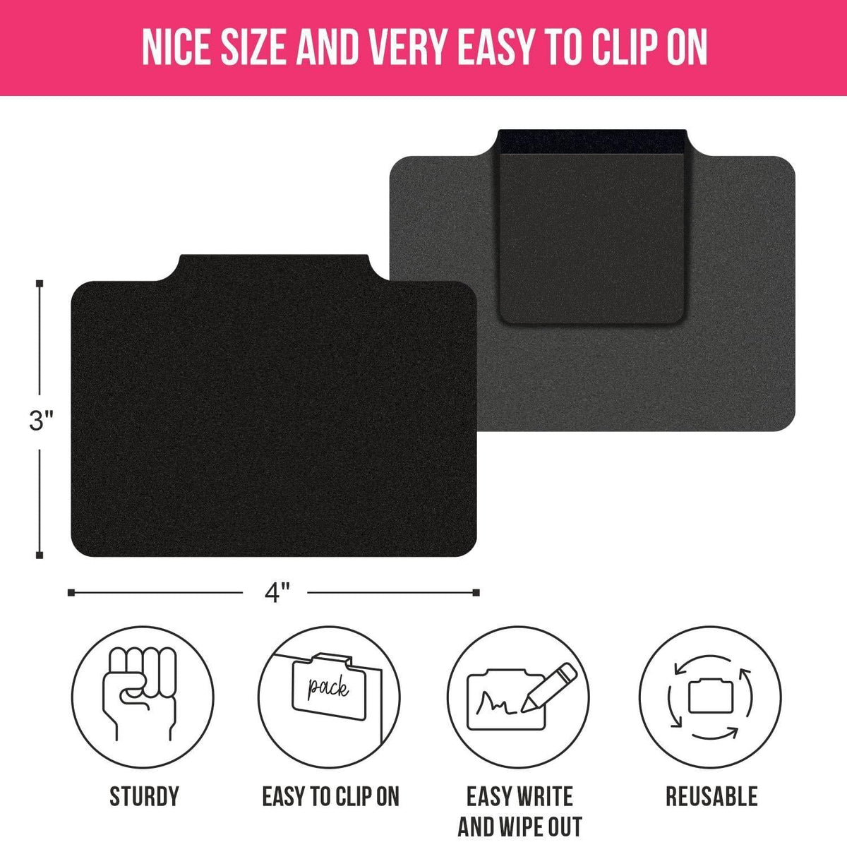 Front and back views of a 4 by 3 inch black reusable clip-on label