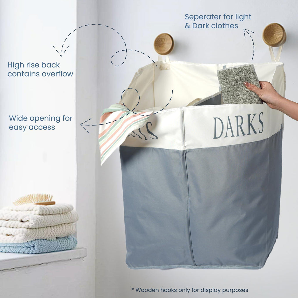 Gray and ivory laundry sorter separating light and dark clothes in a laundry room