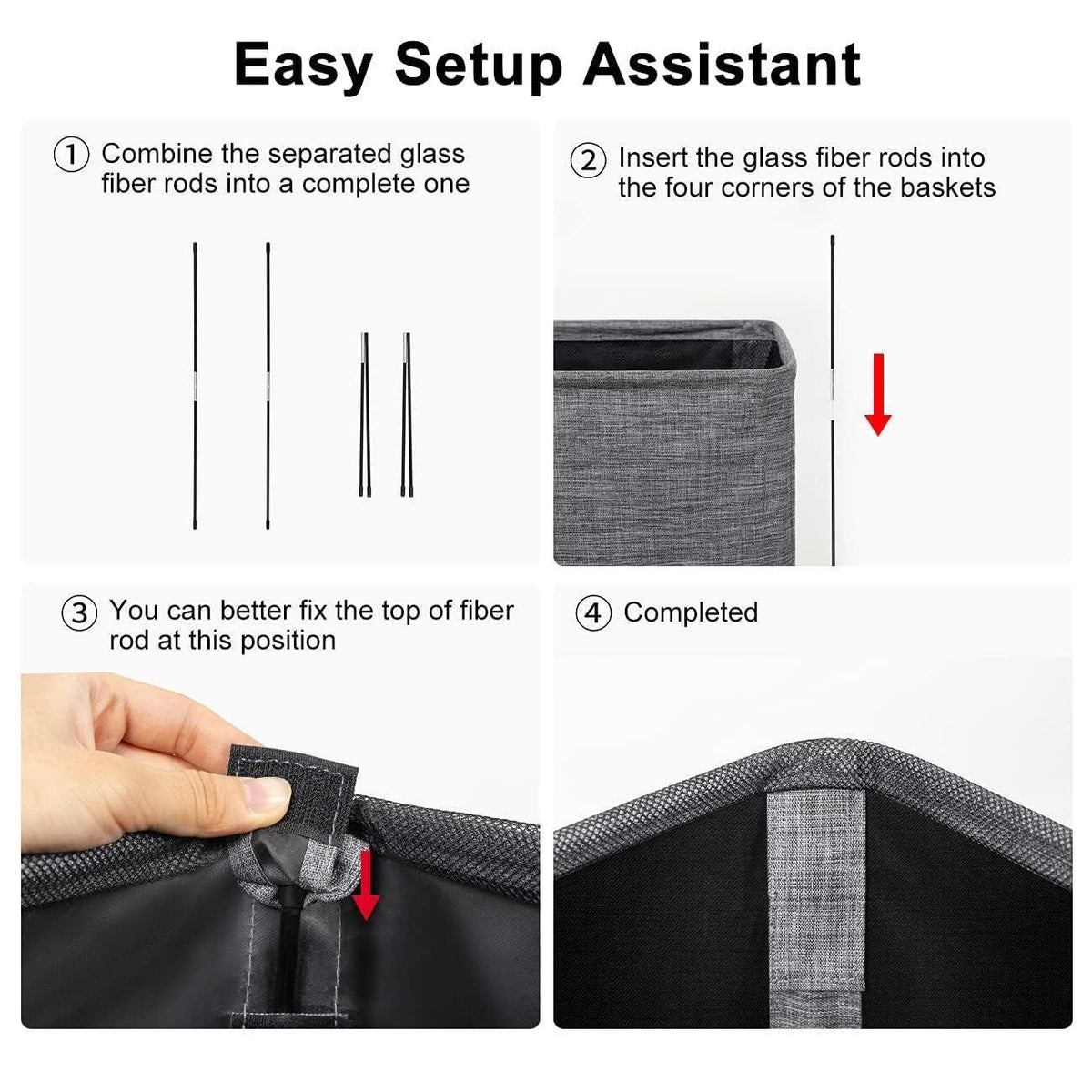 Four steps for assembling the dark gray hamper's removable support rods