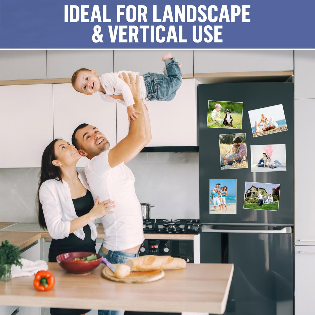 Horizontal and vertical white magnetic photo sleeves arranged on a refrigerator
