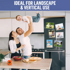 Horizontal and vertical white magnetic photo sleeves arranged on a refrigerator