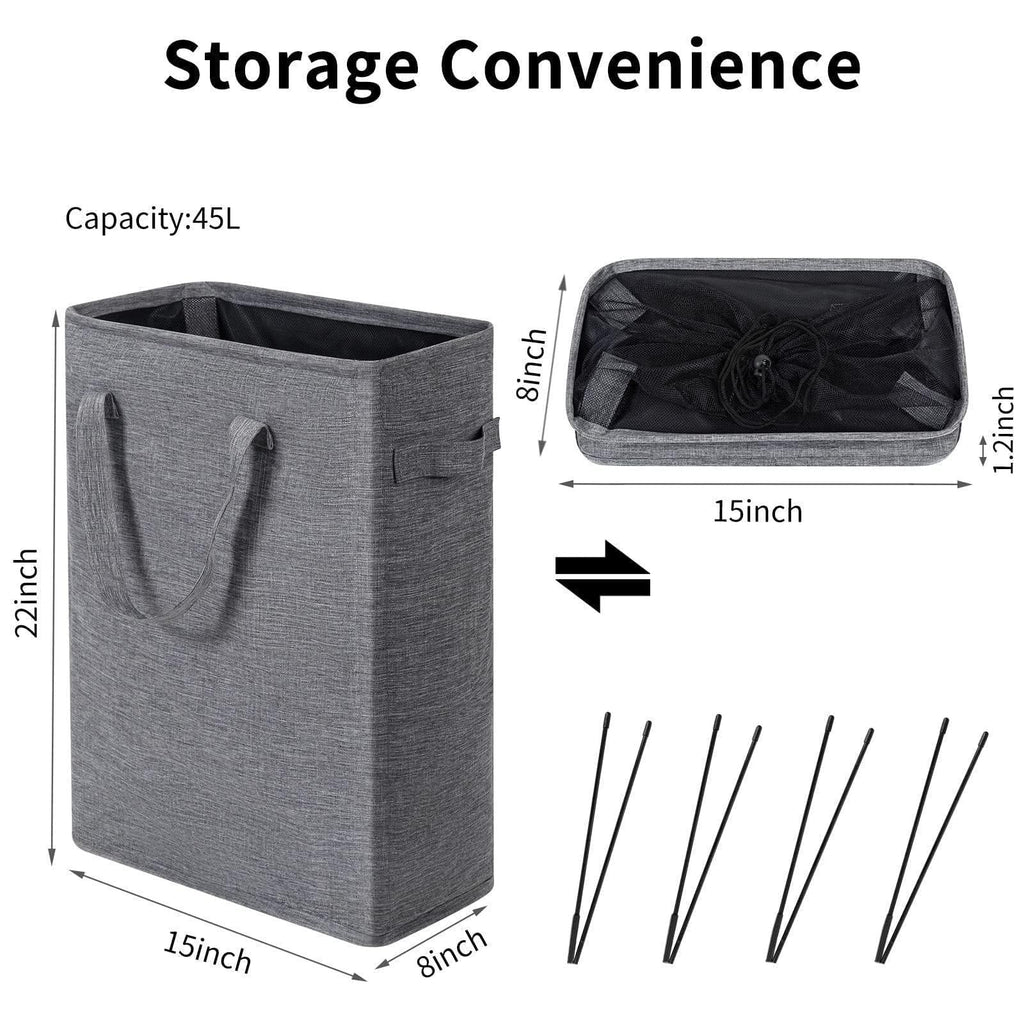 Dark gray 45L hamper measuring 15 x 8 x 22 inches, with collapsed size and rods