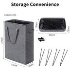 Dark gray 45L hamper measuring 15 x 8 x 22 inches, with collapsed size and rods