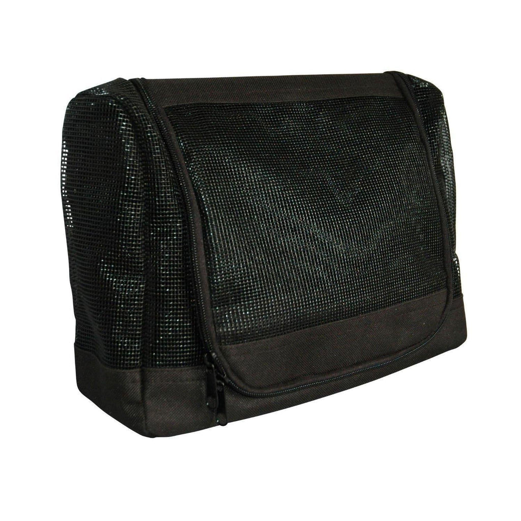 Angled view of the closed black mesh shower caddy with zippered sides