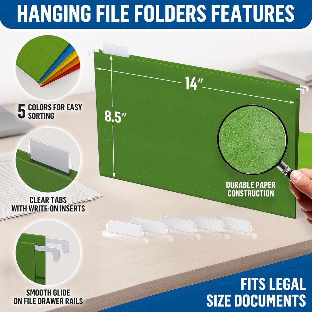 Green legal-size hanging folder showing 14 x 8.5-inch dimensions, tabs, paper, and rail details