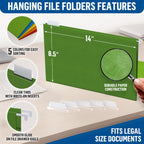 Green legal-size hanging folder showing 14 x 8.5-inch dimensions, tabs, paper, and rail details