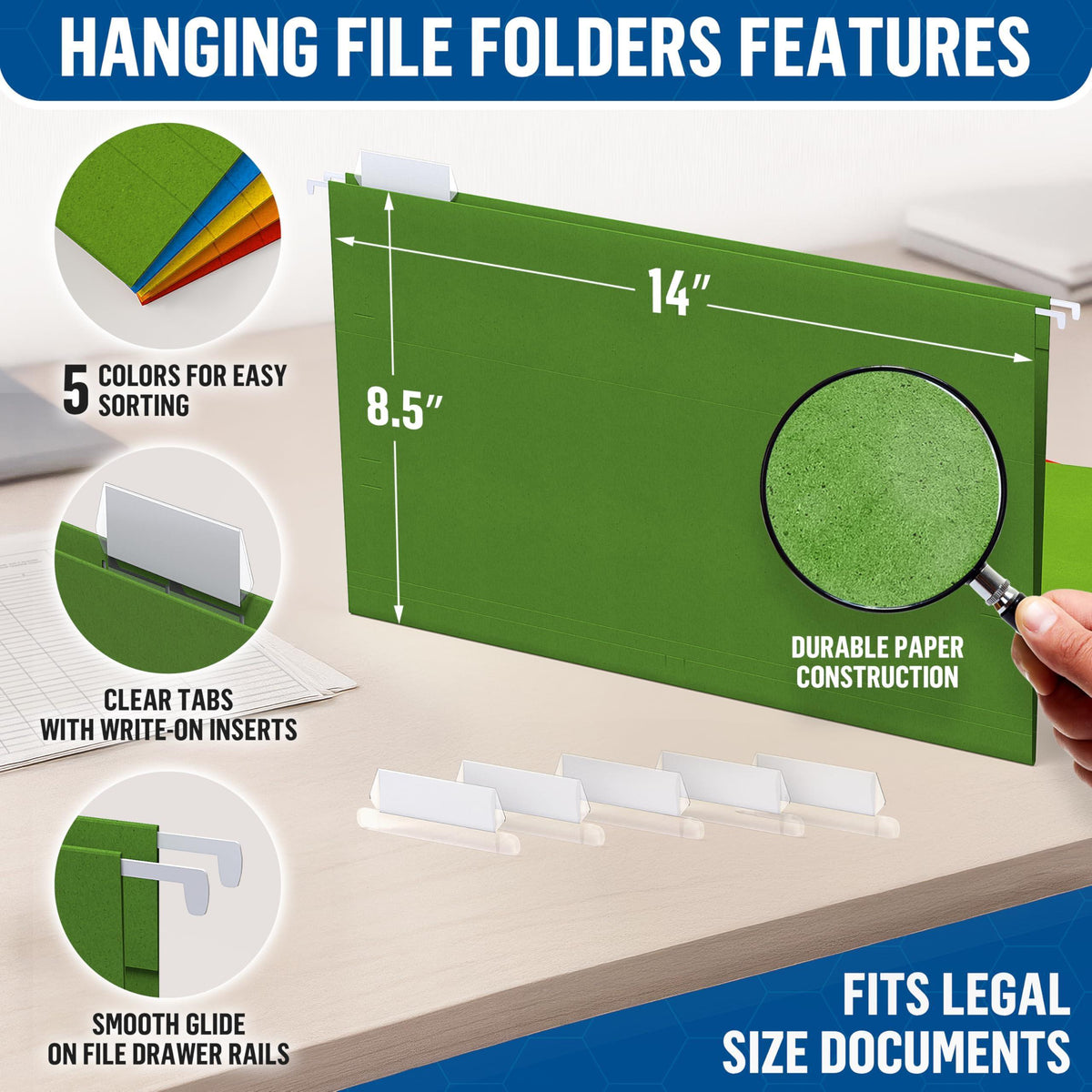 Green legal-size hanging folder showing 14 x 8.5-inch dimensions, tabs, paper, and rail details