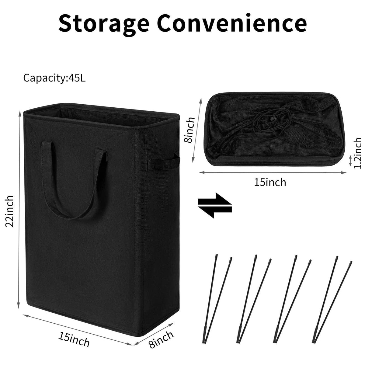 45L slim hamper dimensions, 15 x 8 x 22 inches and 1.2 inches high when folded