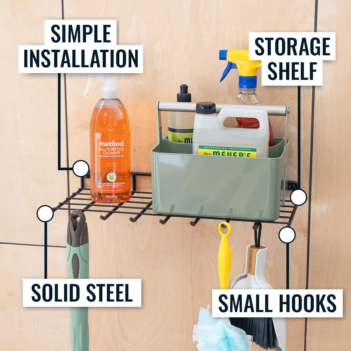 Garden tool shelf features: simple installation, storage shelf, solid steel, small hooks