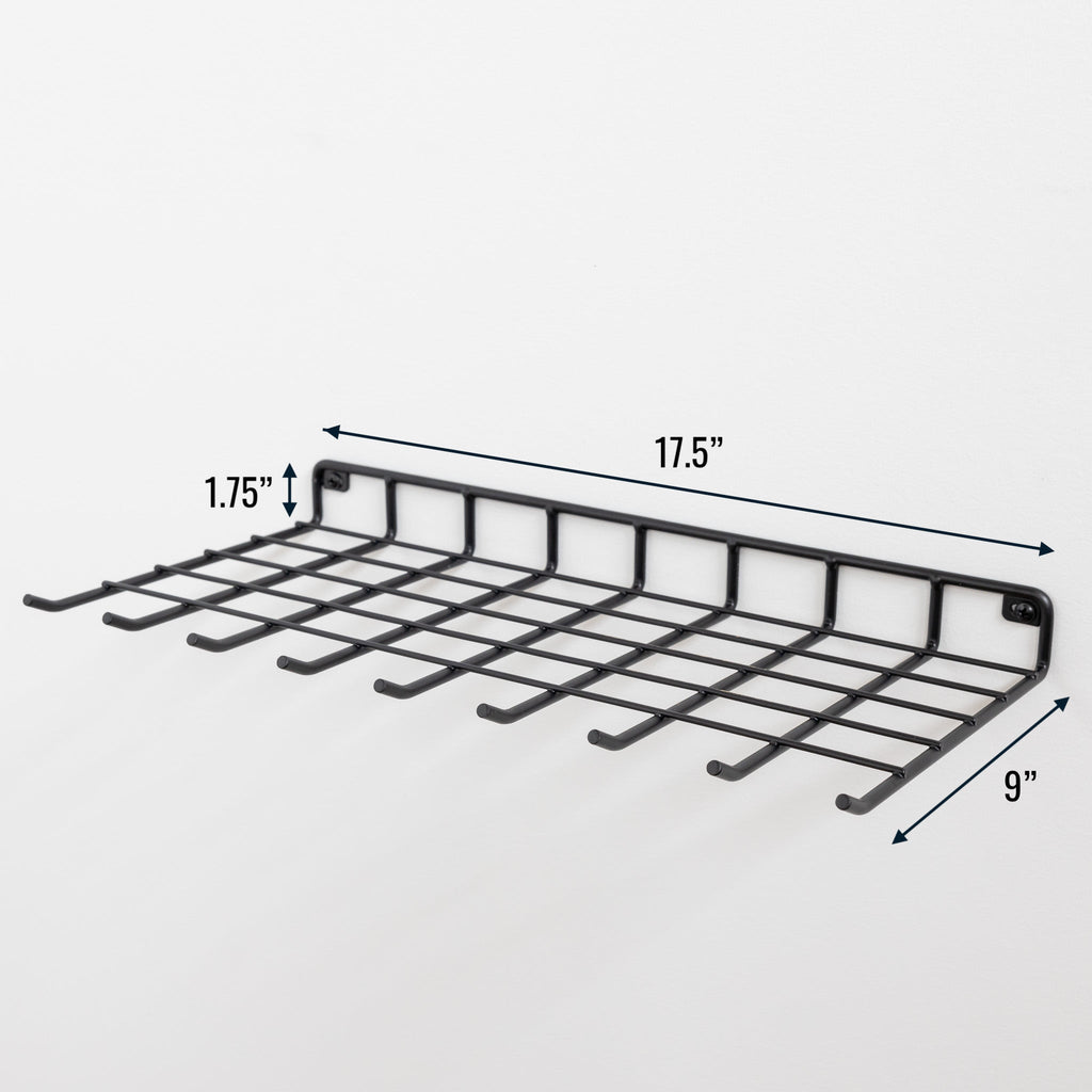 Garden tool shelf dimensions: 17.5 in wide, 9 in deep, 1.75 in tall