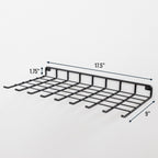 Garden tool shelf dimensions: 17.5 in wide, 9 in deep, 1.75 in tall