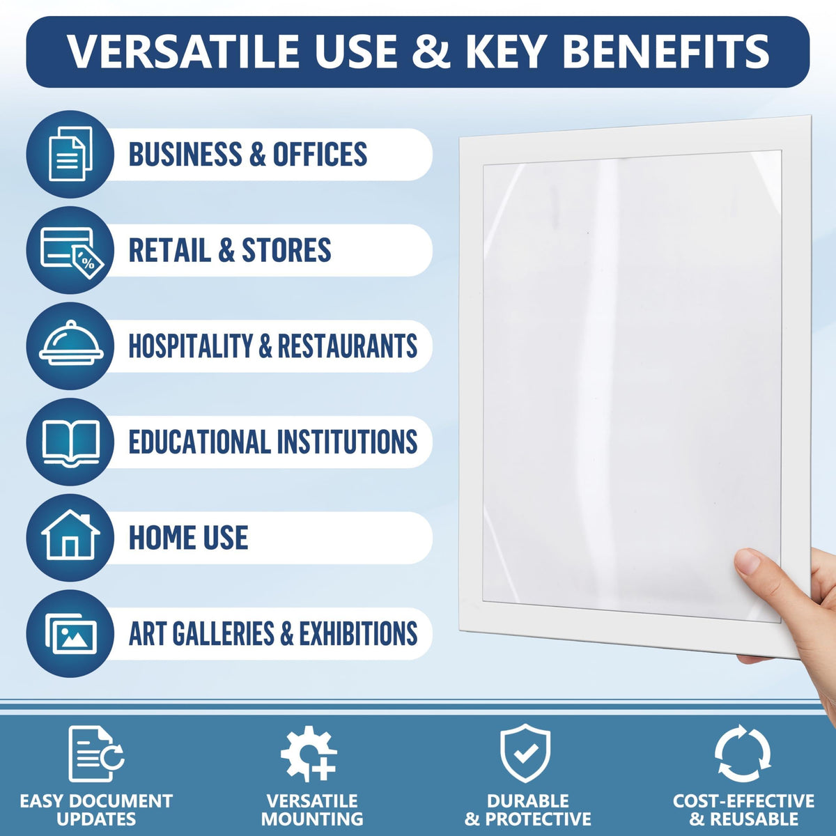 Hand holding a white sign holder, with uses in offices, stores, restaurants, schools and homes