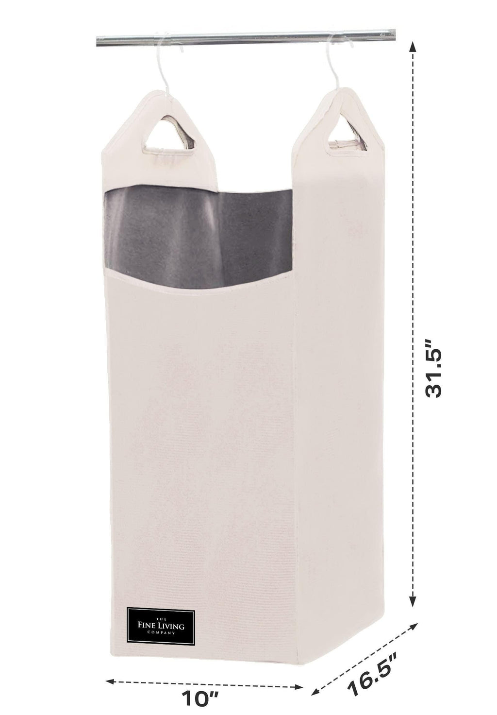 Beige closet laundry hamper measuring 16.5 x 10 x 31.5 inches, hanging from two supports