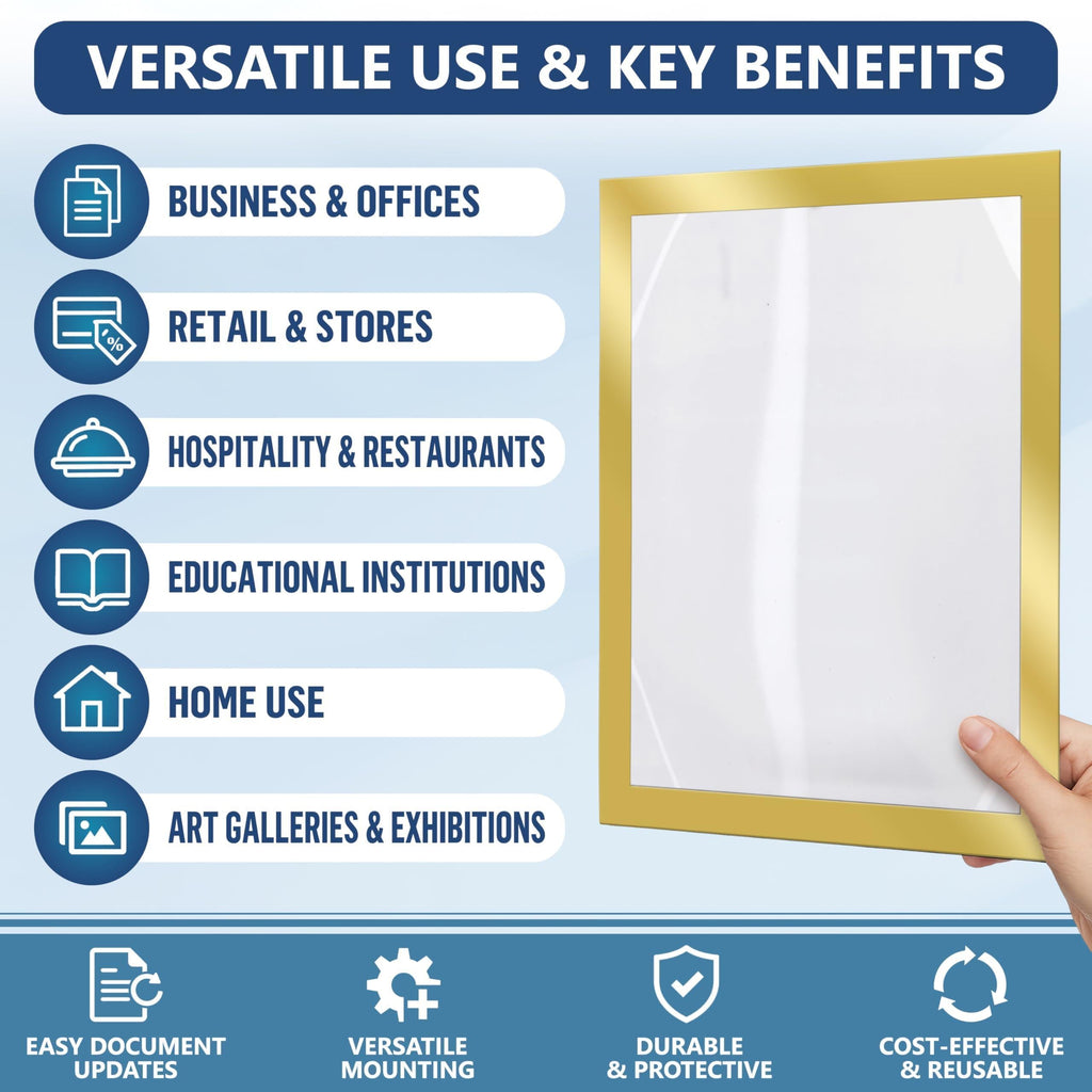 Hand holding a gold sign holder, with uses in offices, stores, restaurants, schools and homes