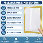 Hand holding a gold sign holder, with uses in offices, stores, restaurants, schools and homes