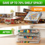 Before-and-after comparison of board-game boxes replaced by flat stacked mesh storage bags