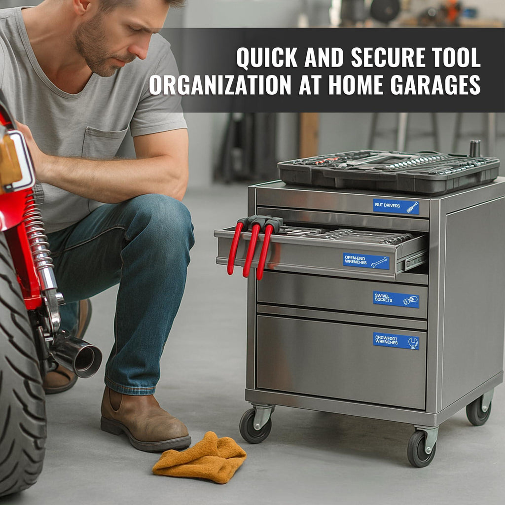 Blue magnetic labels on a rolling tool chest in a home garage