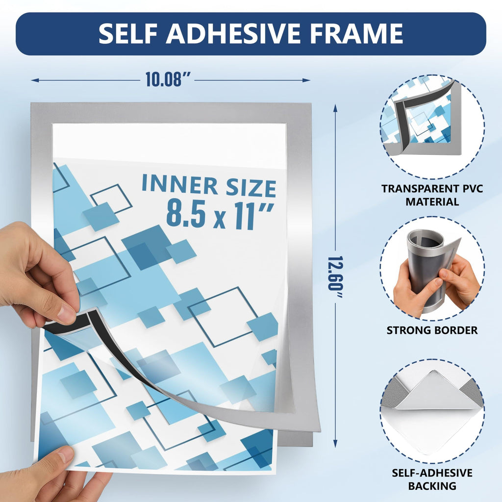 Silver sign holder size: 8.5 x 11-inch insert, 10.08 x 12.60-inch outer frame