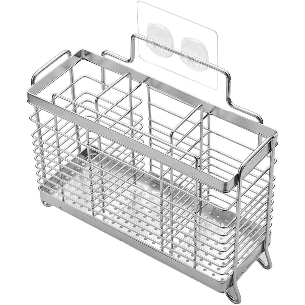 Empty three-compartment steel utensil organizer with a clear adhesive mounting support