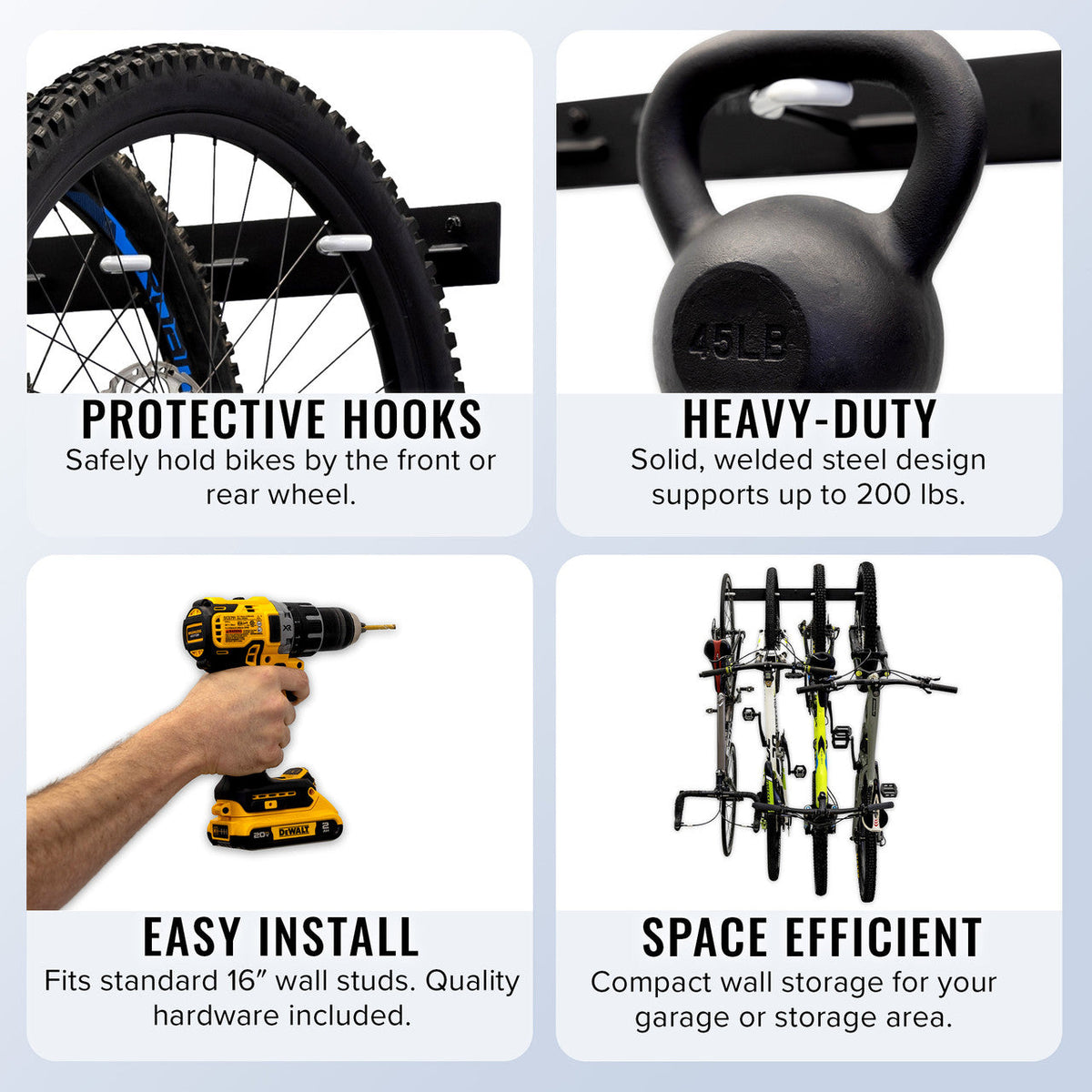 Blackstone rack features: protective hooks, heavy-duty welded steel, easy install, space efficient